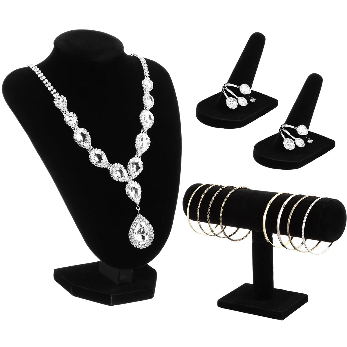 Wenqik 4 Pcs Velvet Jewelry Display Set Velvet Necklace Bust Holder Bracelet Organizer 2 Ring Finger Jewelry Holder(Black)