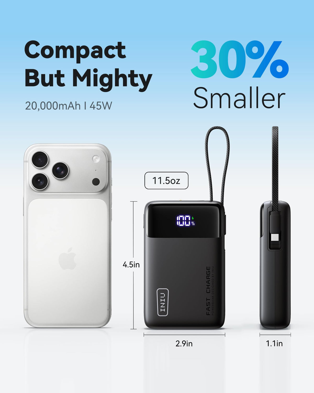 INIU 20000mAh Power Bank, Small Portable Charger, 45W PD Fast Charging Battery Pack with Build in USB-C Cable, Travel Phone Charger for iPhone 17 16 15 14 Air Samsung S25 S24 Google iPad Xiaomi, Black