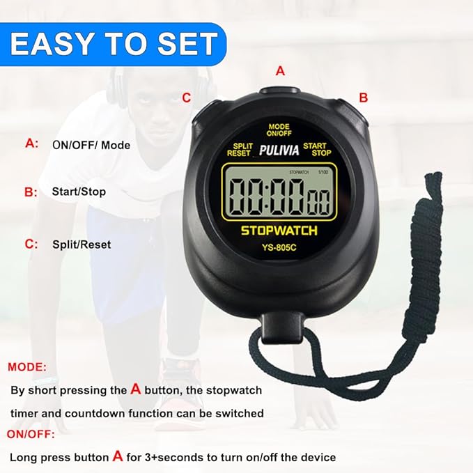 Stopwatch Timer with Countdown, Simple Operation Digital Stop Watch for Sports, Countdown-Alarm Button-Sound, AAA Battery Included (Black)
