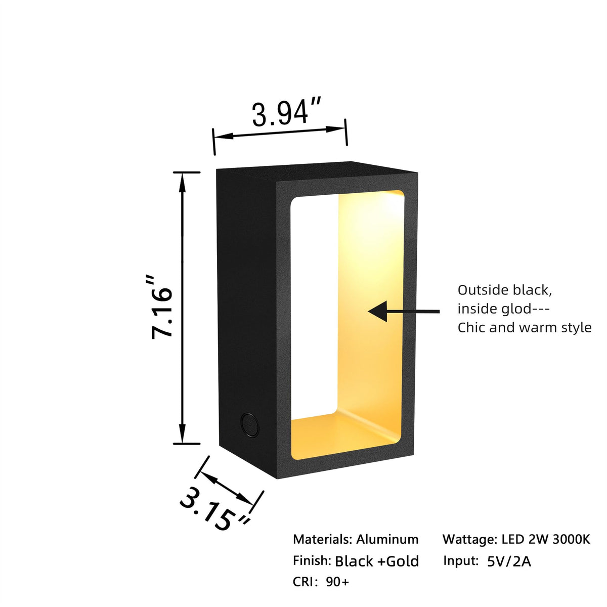 Minimalist Portable Cordless LED Desk Lamp, Adjustable Brightness Bedside Night Light, 7" High Aluminum Metal Table Lamp Battery Operated, Rechargeable Wireless Table Lamp for Home (Black + Gold)