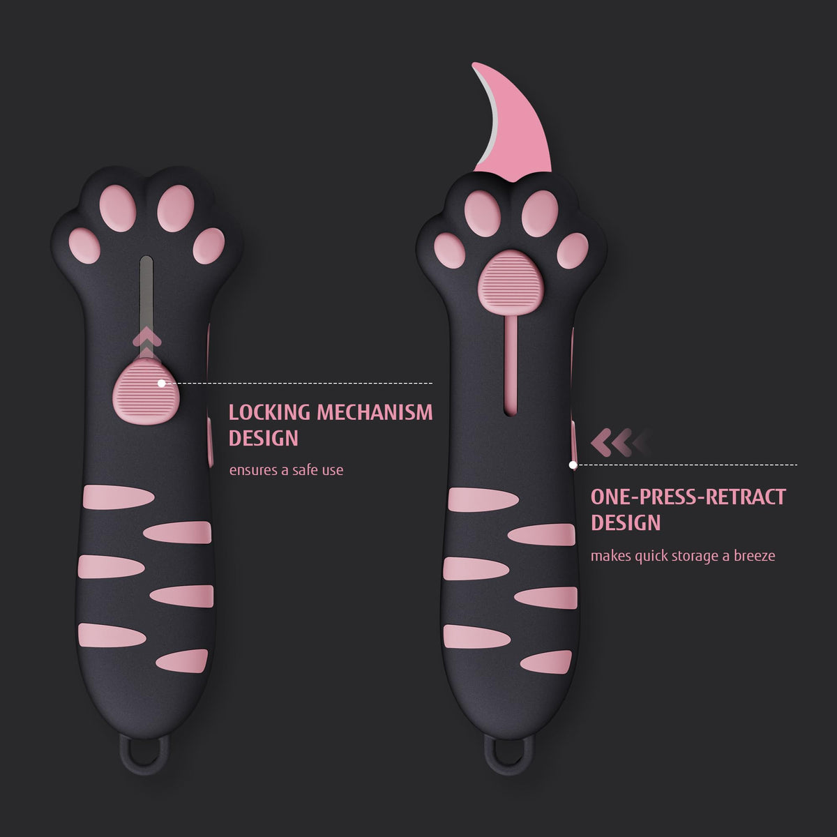 MEOWKIT Cat Paw Box Cutter Retractable with Cat Paw Handle, Multifunctional Knife Set (Black)