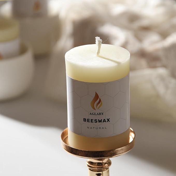3PCS Beeswax Pillar Candles,Large Handmade Pure Beeswax Candle,Long Lasting Burn Time，Unscented Smokelessï¼? * 3",20H, White