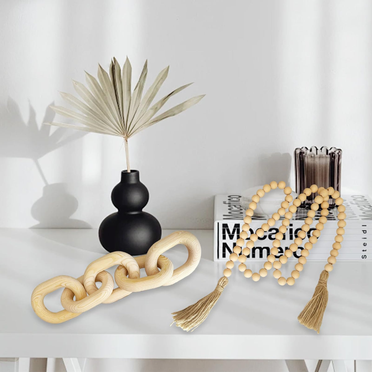 EMINGSKY 2 Pieces Decorative 5 Link Wooden Chain Decor and Bead Boho Farmhouse Rustic Home Table Decor Coffee Table Shelf Aesthetic Modern Bookshelf Table Wooden Decortion (Natural)