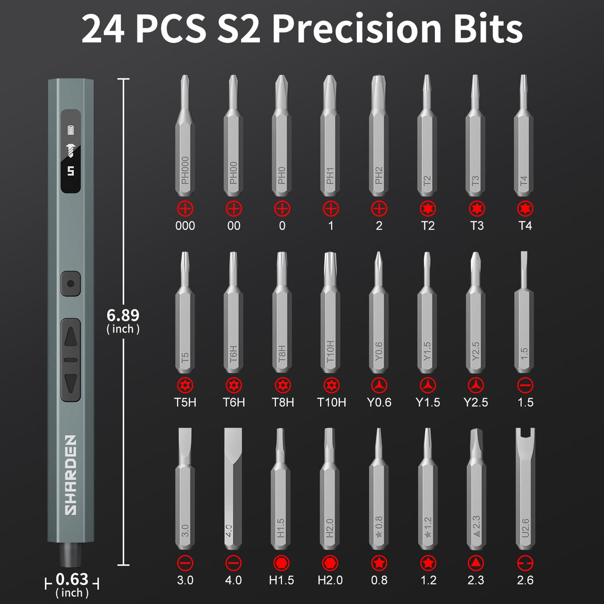 SHARDEN 29 IN 1 Upgraded MIni Electric Screwdriver, 24 S2 Preicison Bits, 5-gear Torque Adjustment, with screen, Power Screwdriver Repair Tool Kit for PC, Electronic. Tech