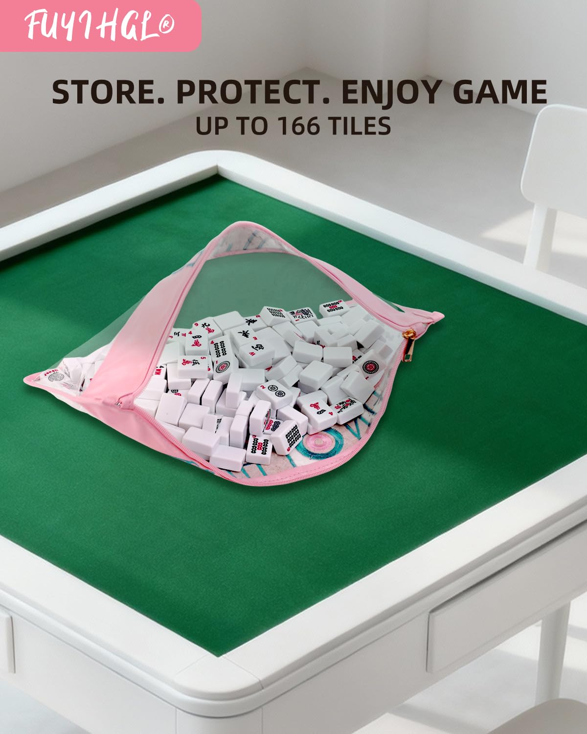 FUYIHGL® American Mahjong Tiles Bag with Zipper - Pink Empty Clear Carrying Case Only - Tiles Storage Holder with Embroidery Lettering - Up to 166 Tiles - Mah Jongg Accessories and Gifts for Women