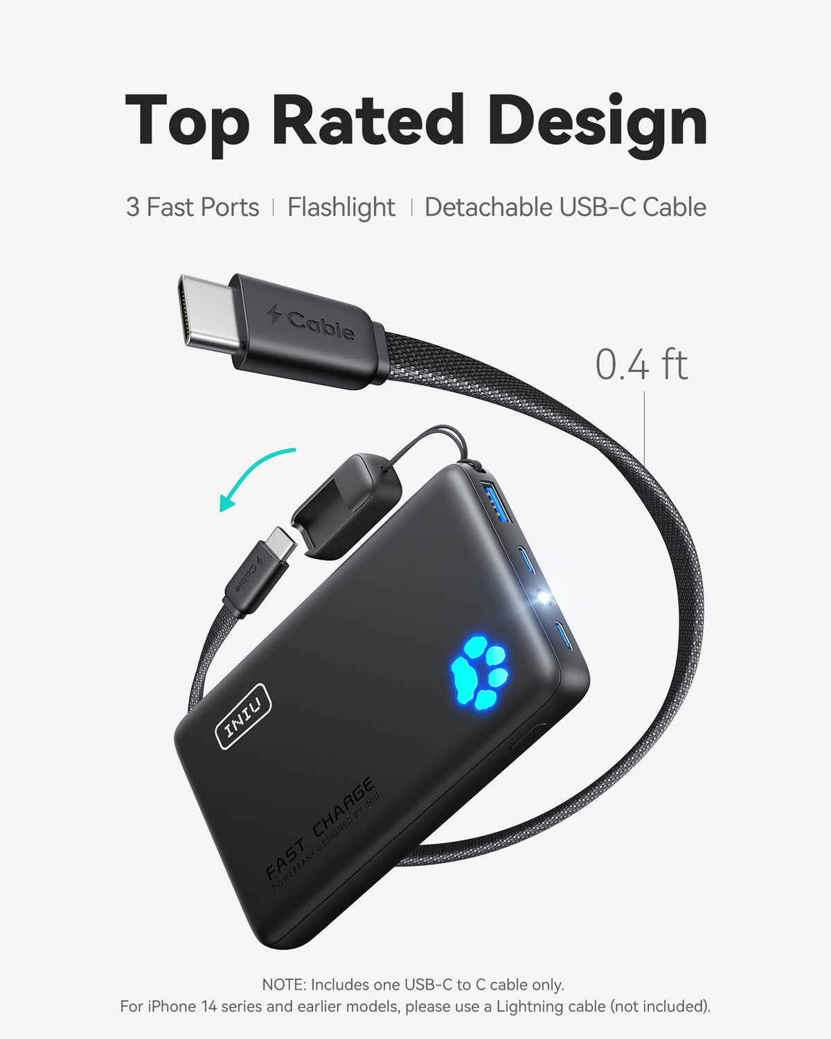 INIU Portable Charger, Smaller & Lighter 45W Fast Charging with Attached USB C Cable, Flight-Safe 10000mAh PD Power Bank Battery Pack, Travel Phone Powerbank for iPhone 17 16 15 Samsung S25 Google etc