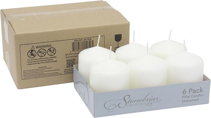Stonebriar Unscented White Tall Pillar Candles, 35 Hour Burning Candle Pillars, Perfect for Decor, Weddings, Emergencies 3" X 4", 6 count