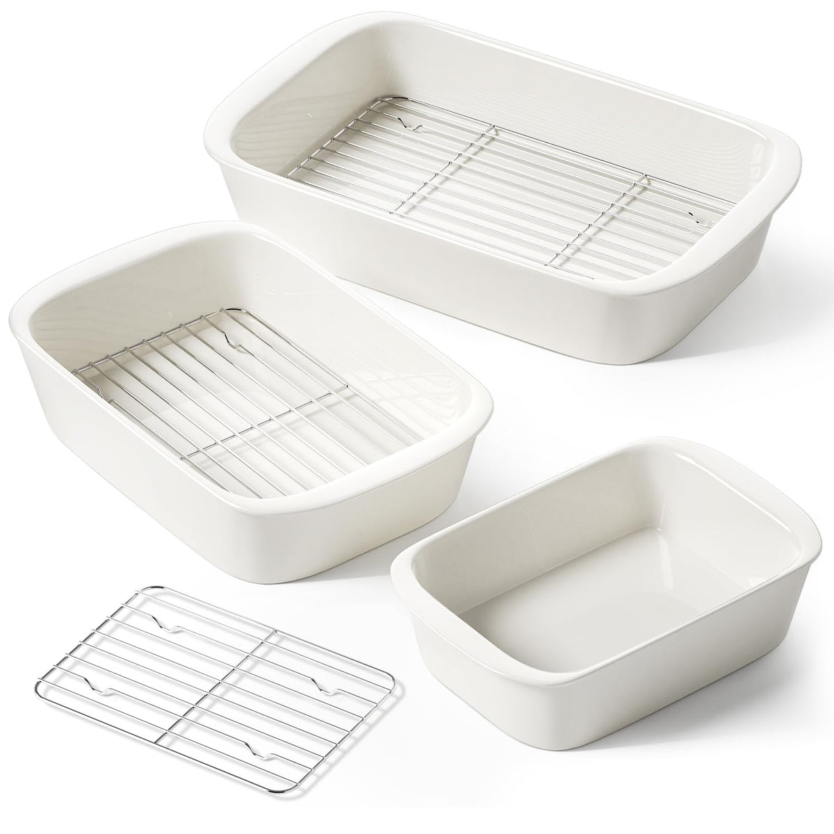 LE TAUCI Deep Casserole Dishes for Oven, 13.7”x9.6” Ceramic Baking Dish Set with Roasting Racks, Large Lasagna Pans with Handles, Rectangular Bakeware as Gift for Mom, White (4.6QT/3.0QT/1.6QT), Set of 3