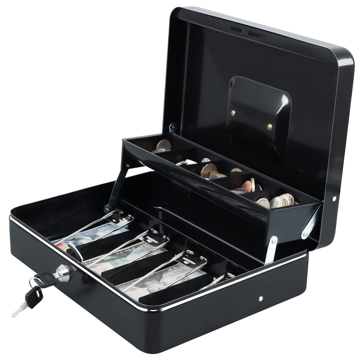 xydled Cash Box with Money Tray and Key Lock,Tiered, Cantilever Design,4 Bill / 5 Coin Slots,11.8" x 9.5" x 3.5",Black