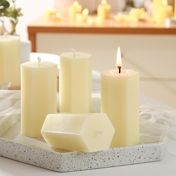 6PCS Hexagon Beeswax Pillar Candles,Large Handmade Pure Beeswax Candle,Unscented Smokelessï¼? * 4",18H, White