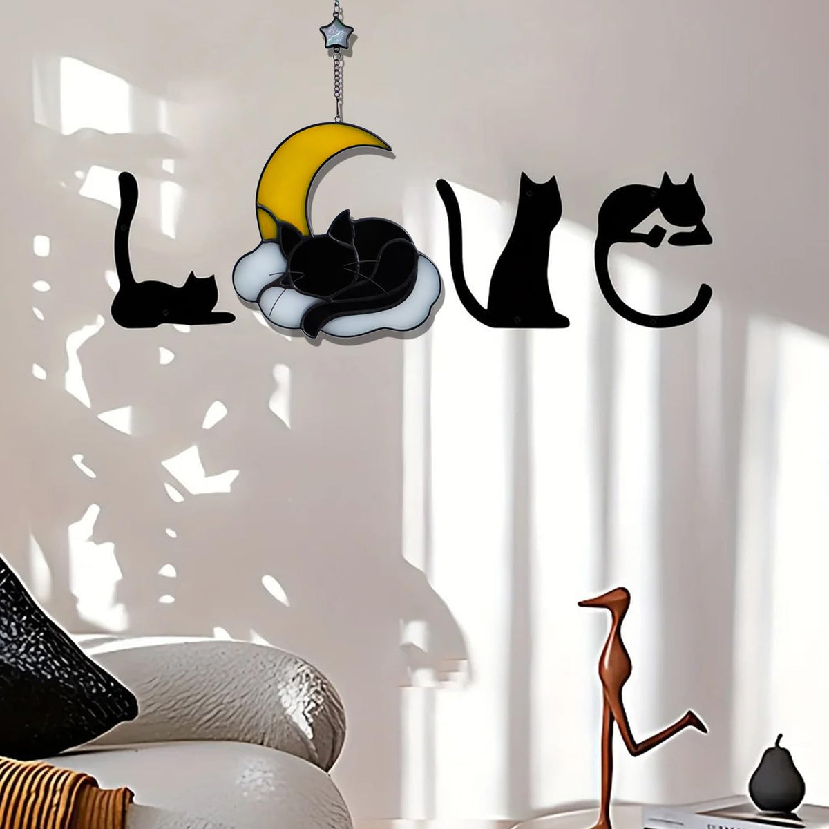 Sleeping Cat Stained Glass Windown Hanging,the Black cat Sleeping Under the Companionship of Stars and Moon,Beautiful Handcrafted Sun Catcher Gifts for Daughter,Mothers Day