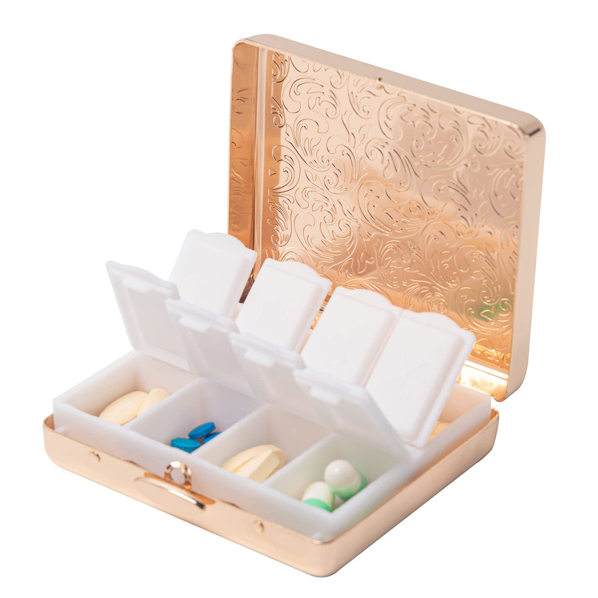 Fashion Elegant Medicine Portable Double Protection Switch Metal Travel Pill Box (7 Days) /8 Compartment (Champagne Gold)