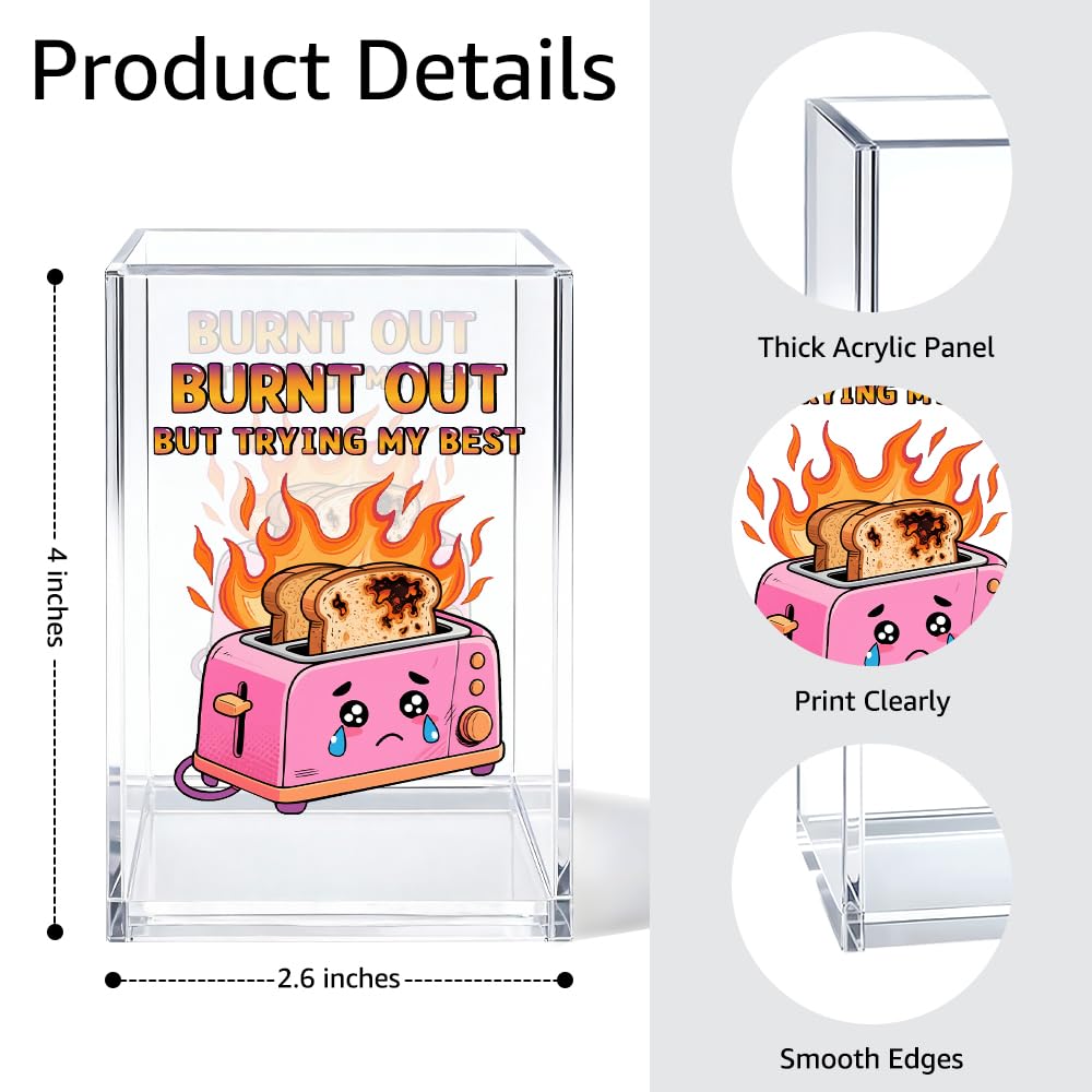 Gkodw Burnt Out But Trying My Best Acrylic Pen Holder Cosmetic Organizer, Funny Dumpster Fire Pen Pencil Holders for Desk, Desk Accessories Office Gifts for Coworker Social Worker Teacher Therapist