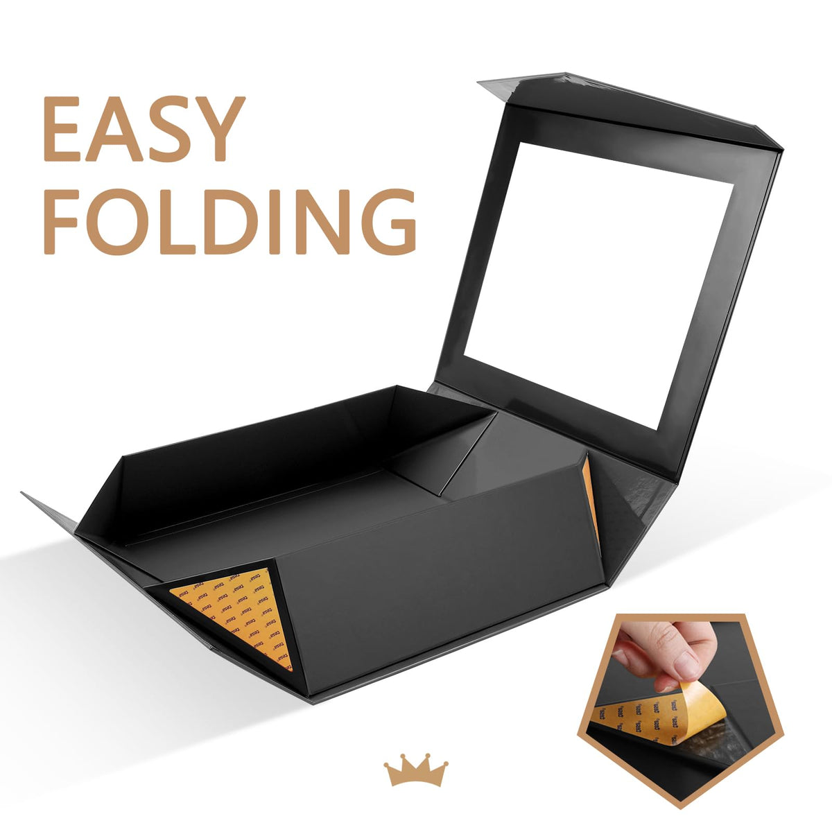 PACKQUEEN Extra Large Black Gift Box with Window, 16.3x14.2x5 Inches Clear Gift Box for Present Contains Ribbon, Card, Groomsman Proposal Box with Magnetic Lid (Glossy Black)