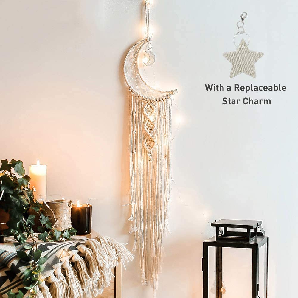 Boho Macrame Woven Wall Hanging, Crochet Crescent Moon Star Dream Catcher with Long Tassel- White Cotton Handmade Bohemian Home Decor Decoration Art Craft for Kids Bedroom Dorm Room