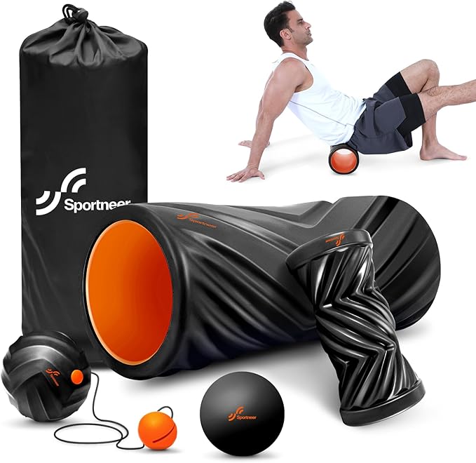 Sportneer 4 in 1 Foam Roller Set: Dual Textures Foam Roller, Foot Roller, Lacrosse Ball, Traction Massage Ball with String, Deep Massage Roller for Whole Body Release, Physical Therapy