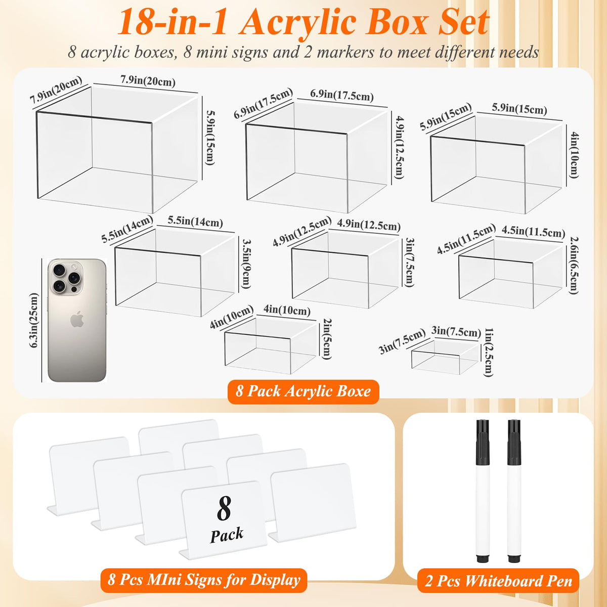 8 Pcs Clear Acrylic Boxes for Display, Acrylic Food Risers & Acrylic Cube Set (3"-8"), with 8 White Display Boards & 2 Markers, Clear Risers for Food, Decor, Party, Retail