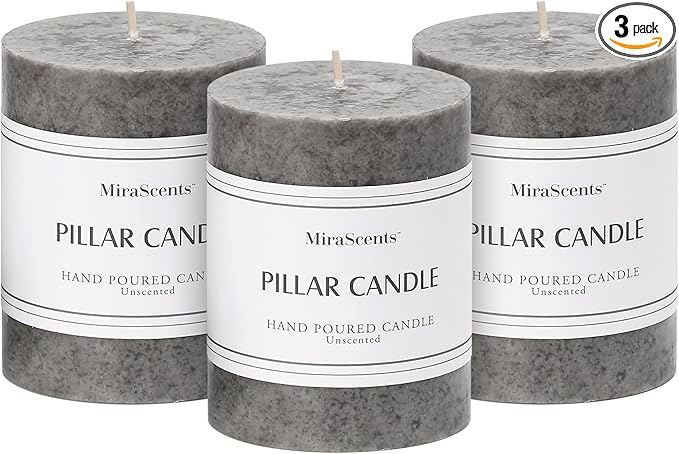 3x4 inch Grey Pillar Candles Set of 3, Unscented Pillar Candles, Dripless and Smokeless Large Candles, Candle for Halloween, Home Decor, Dinner Table,Weddings, Holidays