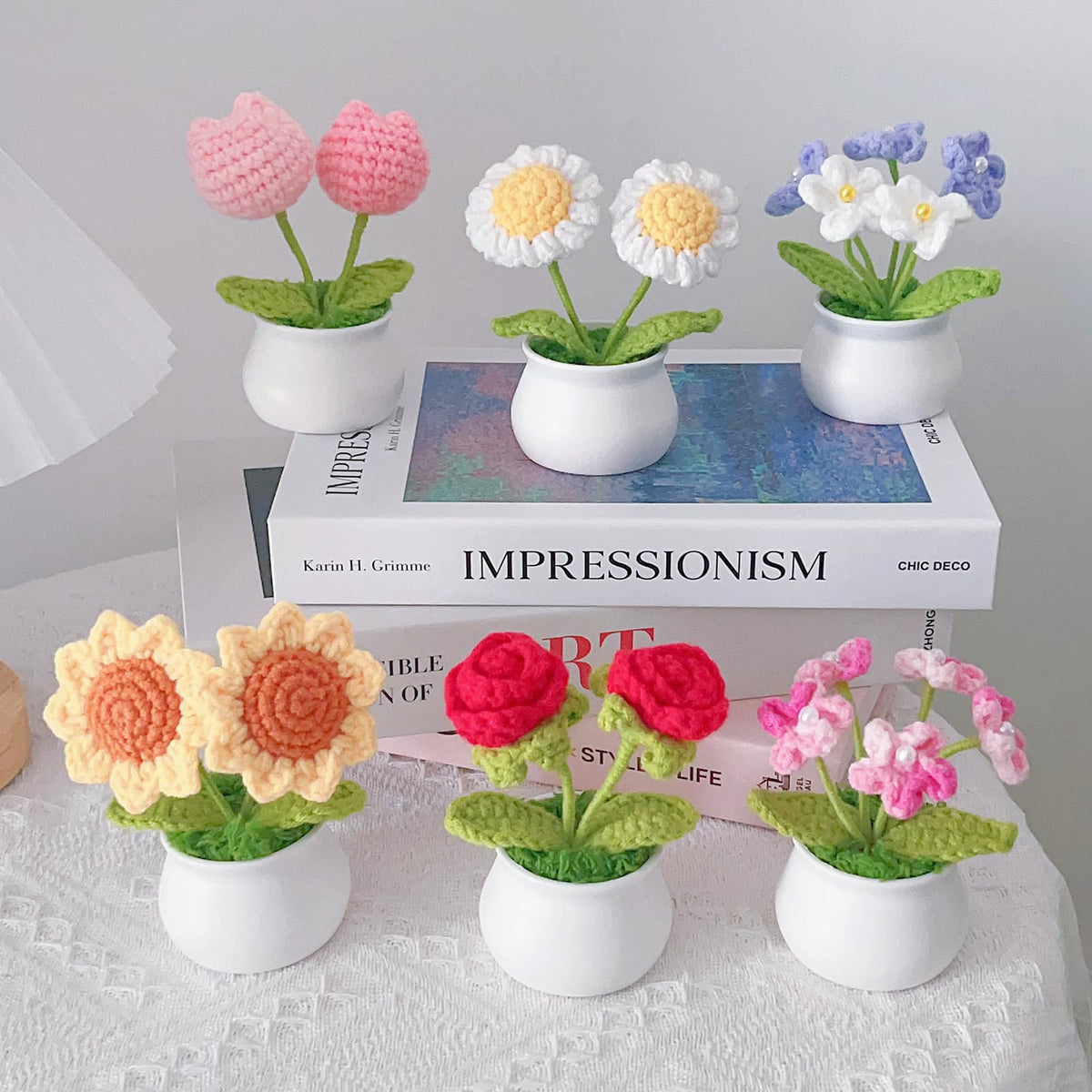Rimvoe 3pcs Crochet Flower Pot, Sunflower Red Rose Forget Me Not Small Potted Flowers, Mothers Day Valentines Gifts for Mom Wife, Cute Desk Decor for Women Office Car Dashboard