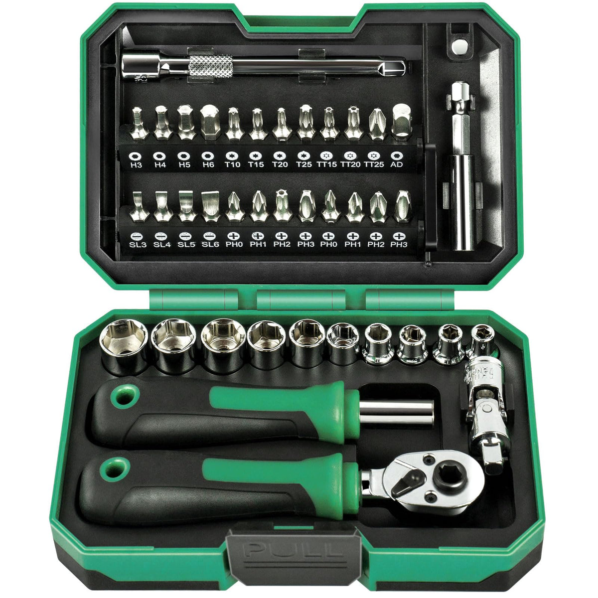 Faoyoon 39PCS Ratcheting Wrench Set, Metric Shallow Mini Socket Set with Ratchet (4-13mm), 1/4“ Mini Ratchet Screwdrivers Set Magnetic, Power Bits, Universal Joints, Spinner, Extensions, Storage Box