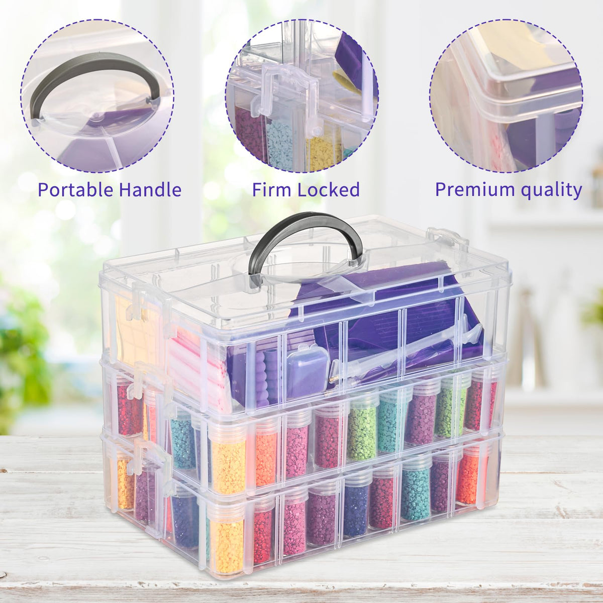 QUEFE 3-Tier Diamond Painting Storage Container, 100 Slots Clear Stackable Bead Organzier with Diamond Painting Accessories and Tools for DIY Diamond Art Craft Jewelry Bead Storage