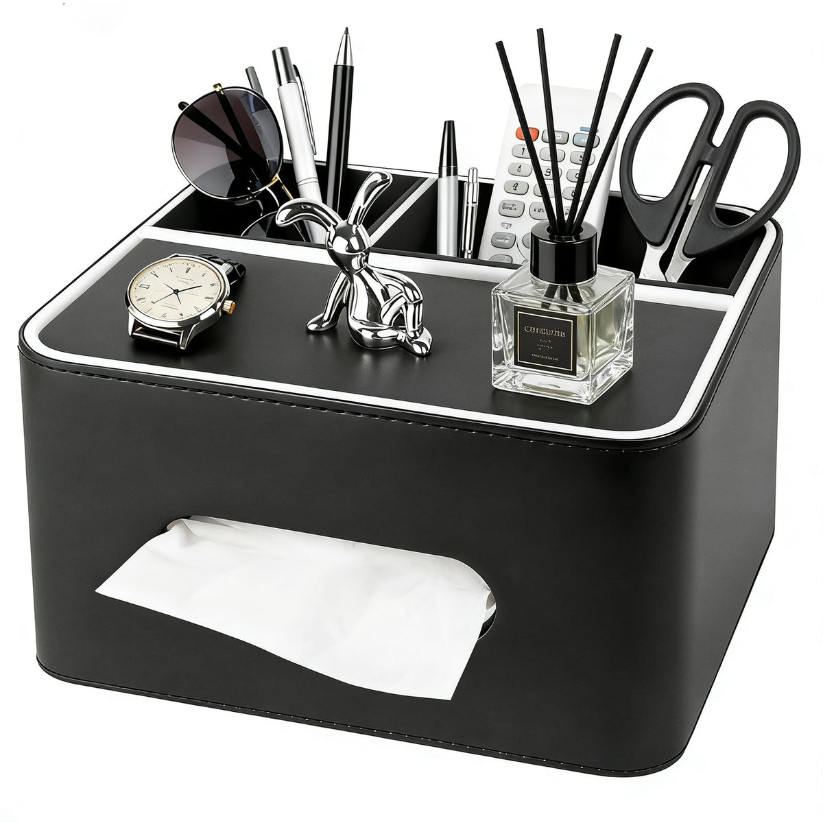 PU Leather Tissue Box Cover Square - Multifunctional Tissue Box Holder with Storage, Tissue and Remote Control Holder Organizer with Compartments for Bedroom Nightstand, Desk, Living Room (Black)