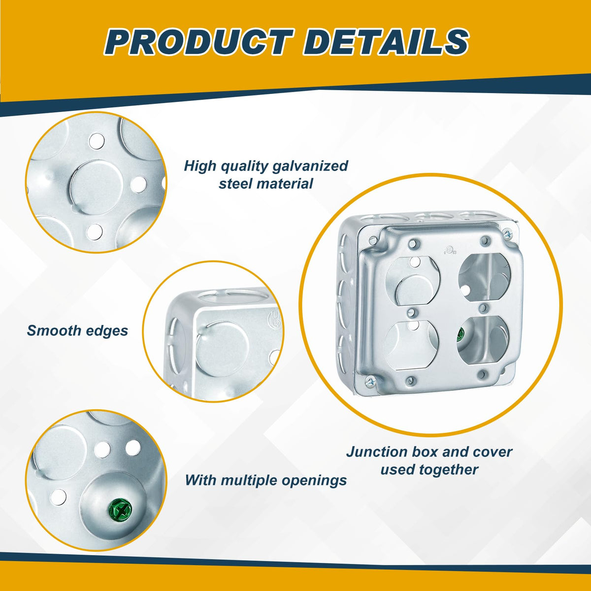Copkim 8 Set 4 × 4" Electrical Junction Box with Cover Electrical Metal Outlet Box, 21.0 Cu. in. Capacity Receptacle Exposed Work Cover, 1-1/2'' Deep (Double Duplex Receptacle)