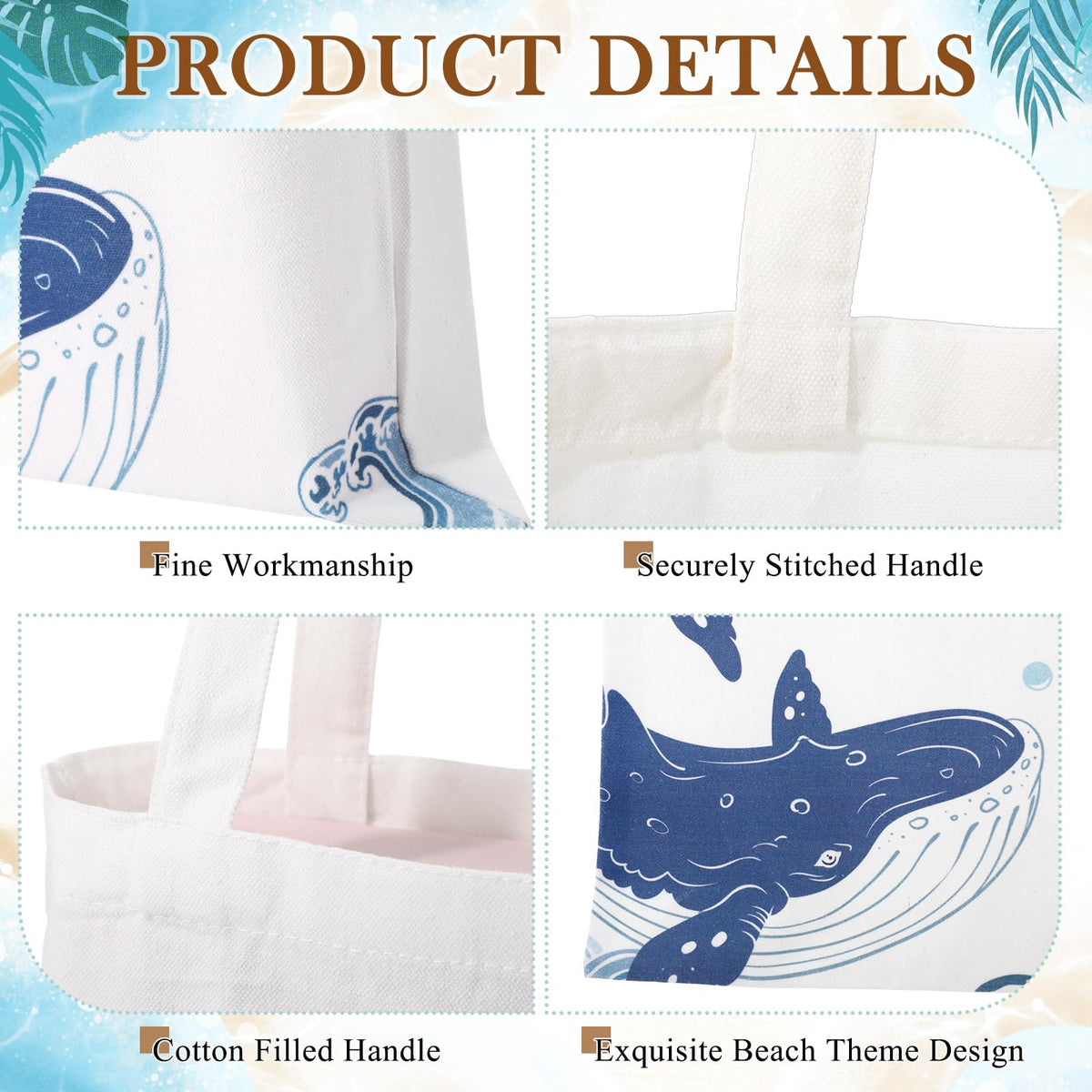 SATINIOR 10 Pcs Beach Theme Canvas Totes Bags Gifts Shopping Bags Reusable Grocery Handbags for Women Travel Cruise Wedding(Vertical Style)
