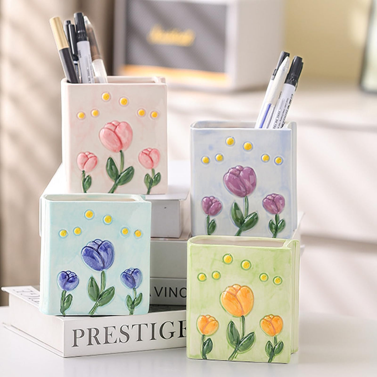 Busnos Book Vase Tulip Pencil Cup Pen Holder For Office Desk Decorative Books Yellow Flower Vase Cute Toothbrush Holders Home Decor Teacher Book Gifts for Women Small Makeup Brushes Holder