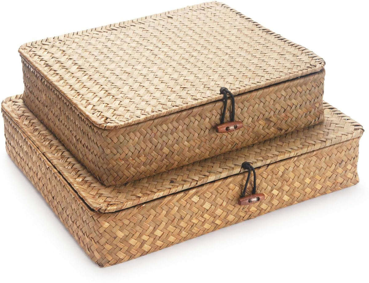 Seagrass Storage Baskets with Lid, Flat Wicker Basket, Shallow Woven Basket for Shelf, Decorative Storage Boxes for Organizing