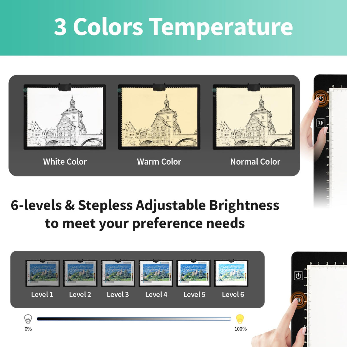 A3 Light Pad - Rechargeable Diamond Painting Light Board with Stand, 3 Colours Stepless Dimmable 6 Levels Brightness Tracing Light Box, Battery Powered Portable Light Pad for Weeding Vinyl Tracing