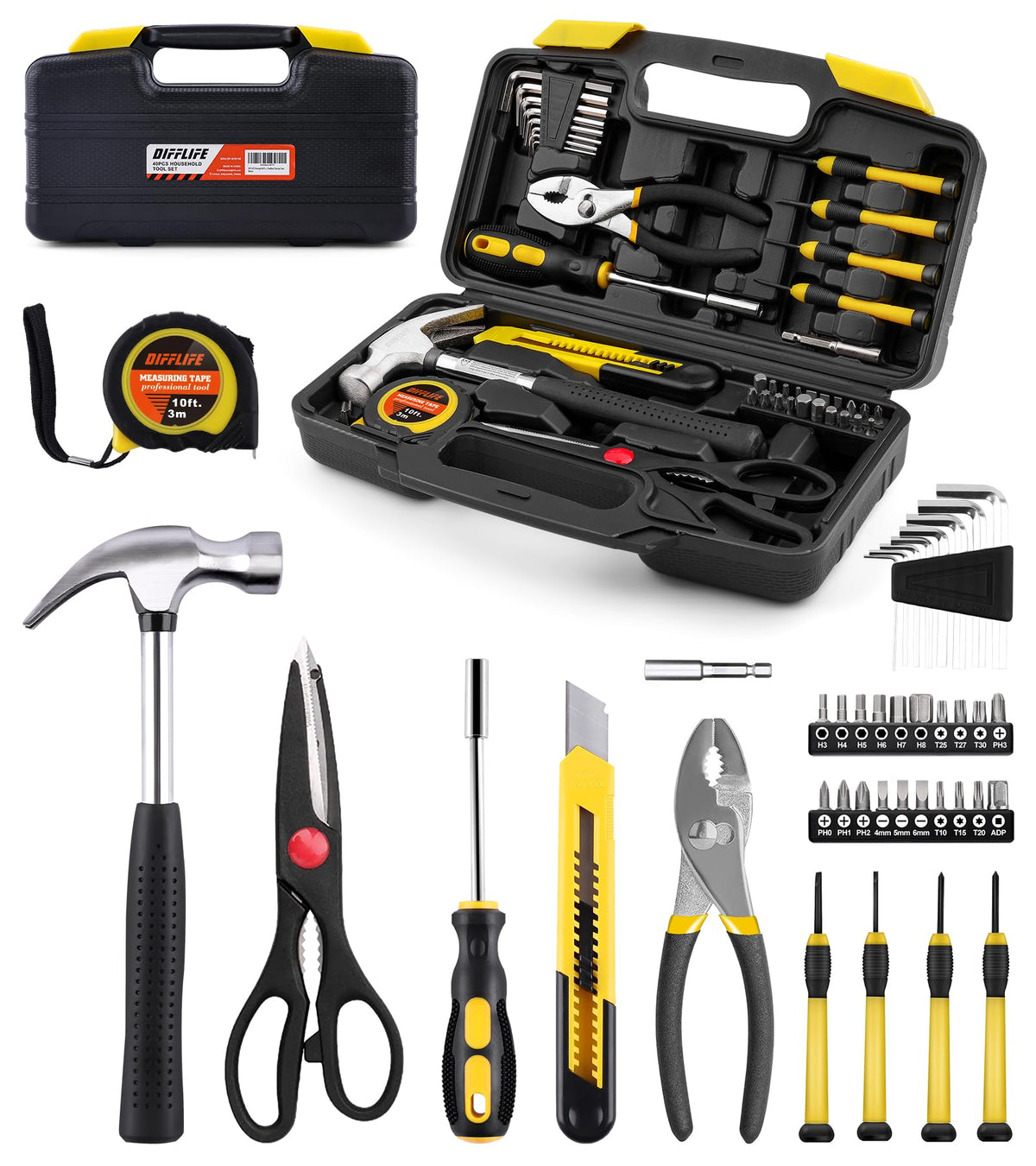 DIFFLIFE 40-Piece Tool Set - General Household Hand Tool Kit with Plastic Toolbox Storage Case…