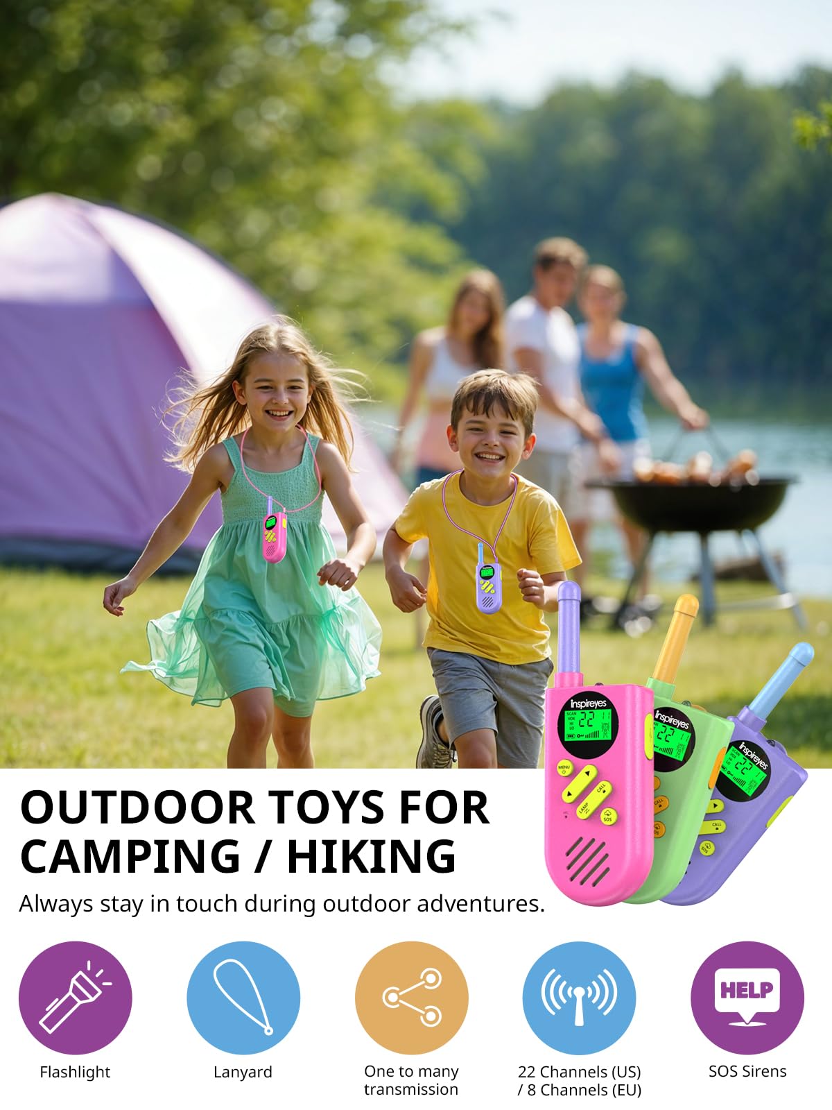 Inspireyes Walkie Talkies for Kids, Rechargeable Long Range 3 Pack, Kids Toys for Boys Girls Ages 3-12, 2 Way Radio Toy, Outdoor Adventure Toys, Camping Hiking Gear, Birthday Gifts for Kids