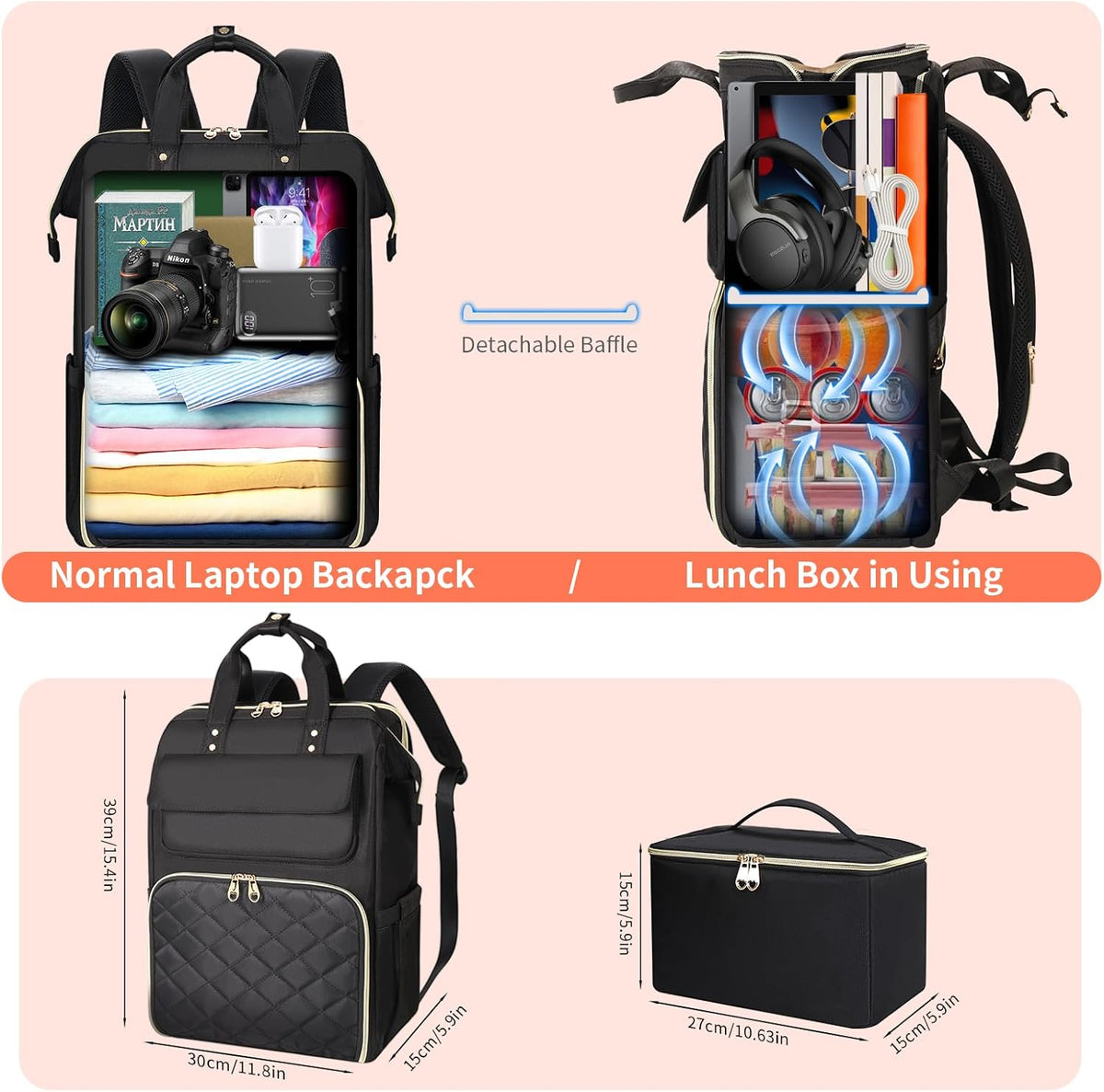 Backpack 15.6 Inch Backpack Backpack BERTASCHE Lunch for Women, Laptop with Insulated Cooler Lunch box, Nurse