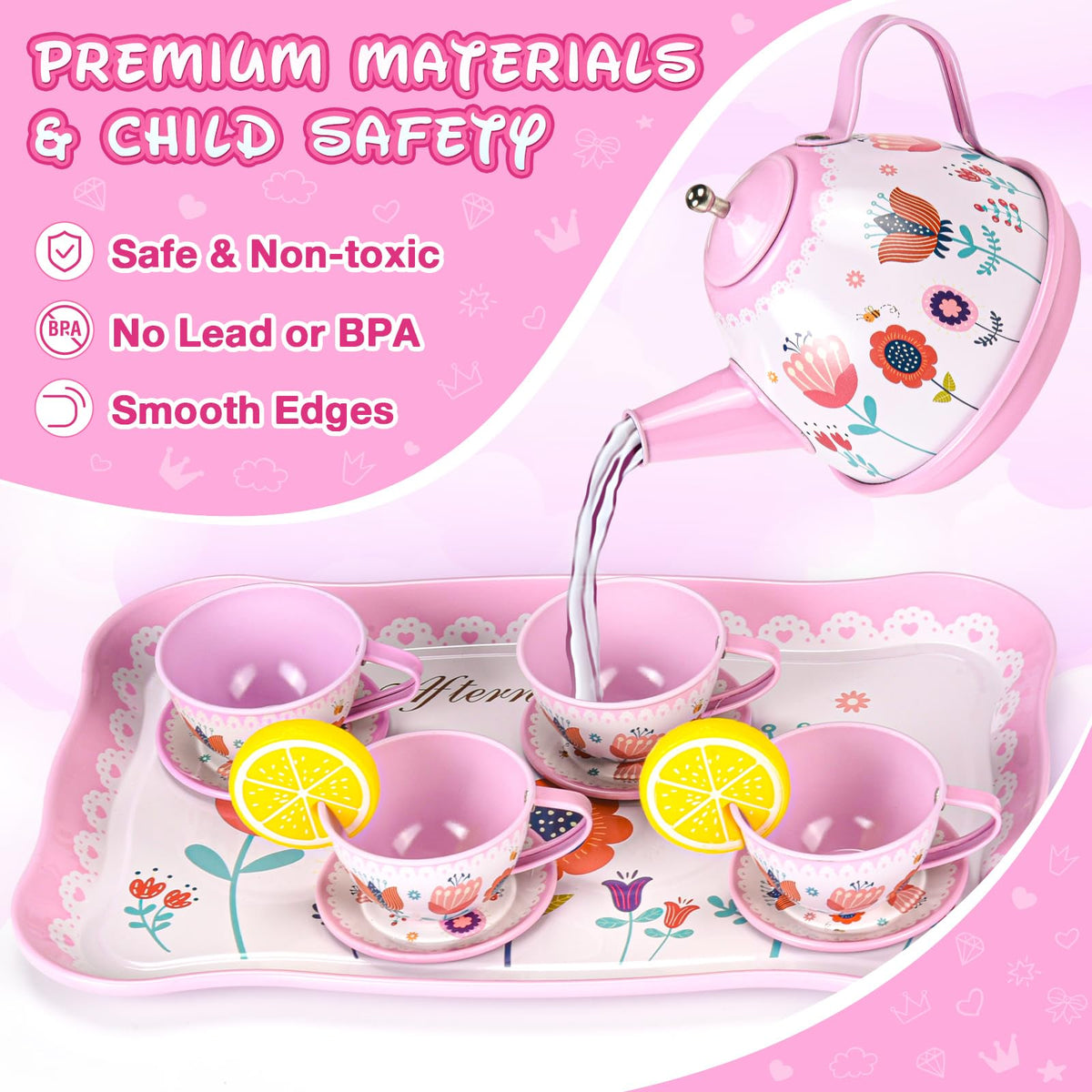 Tea Party Set for Little Girls, 63Pcs Pretend Play Toys, Princess Dress Up Tea Time, Tin Tea Sets for Toddlers 3-5 6 with Dessert, Carrying Case, Kids Kitchen Playset, Birthday Gift for Toddler Girls