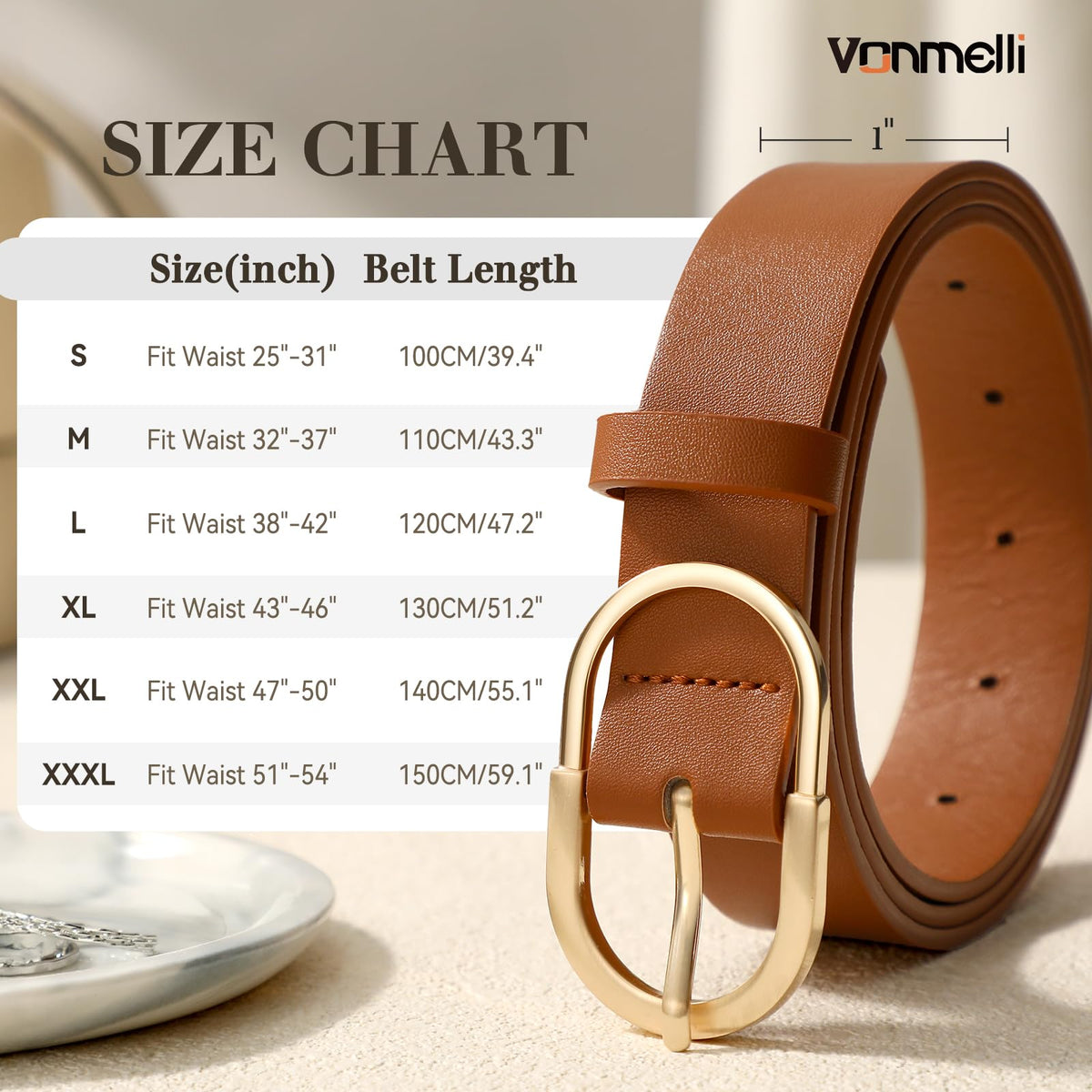 VONMELLI 3 Pack Women's Belts for Jeans Pants Fashion Gold Buckle Ladies Dress Belt