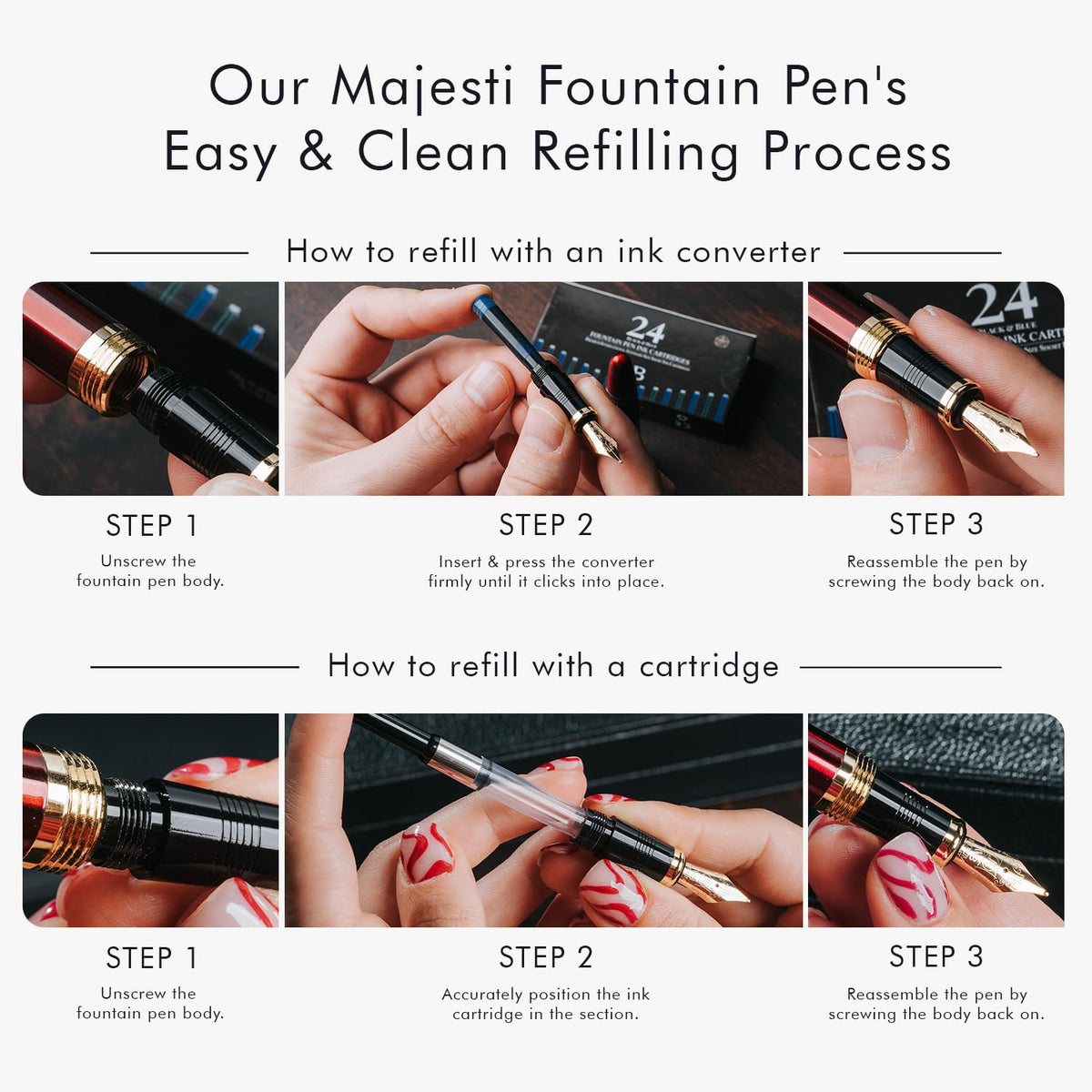 Wordsworth & Black Majesti Fountain Pen-(Black), Luxury Case, 24K Gold Finish; 18K Gilded Medium Nib- Ink Cartridges, Refillable Ink Converter-Calligraphy Pen-Best Business Gift Set for Men & Women