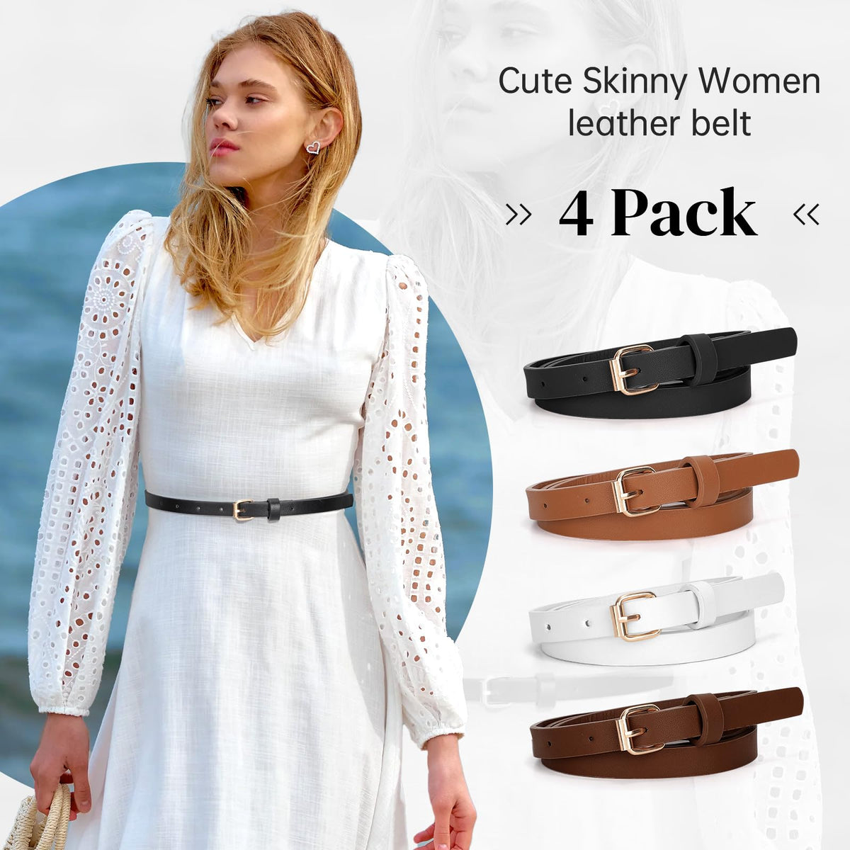 JASGOOD 4 Pack Skinny Women Leather Belt for Dresses Thin Waist Belt for Jeans Pants with Gold Buckle