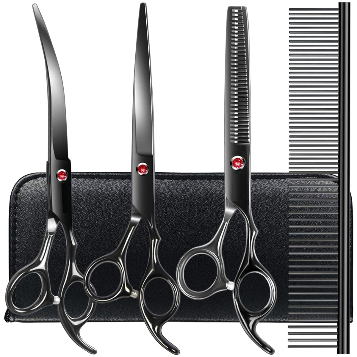 Professional Dog Grooming Scissors kit Black 5 in 1, Dog Shears for Grooming 6CR Premium Stainless Steel Grooming Scissors Kit for Dogs Cat Pet