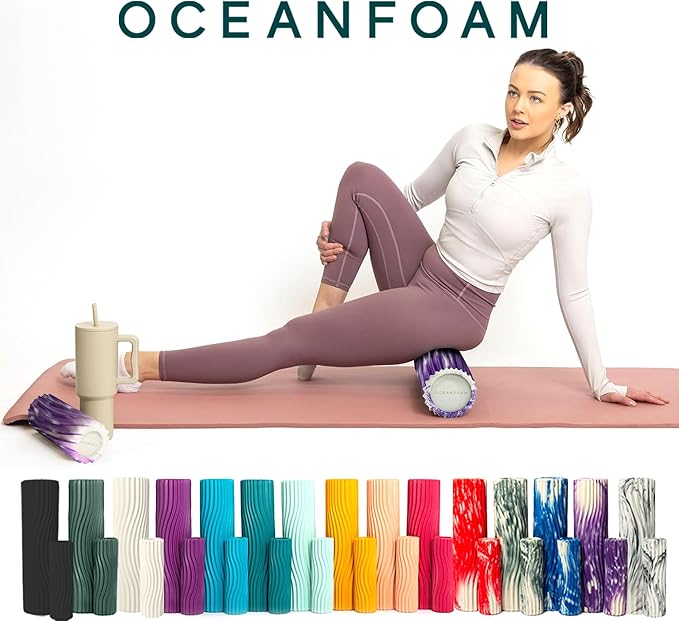 Oceanfoam Ripple Travel Foam Roller (11" x 3.35") Firm Mini Foam Roller for Physical Therapy, Deep Tissue Massage, Back Pain - High Density, Ergonomic Wave Textured - Yoga, Exercise (Purple Marbled)