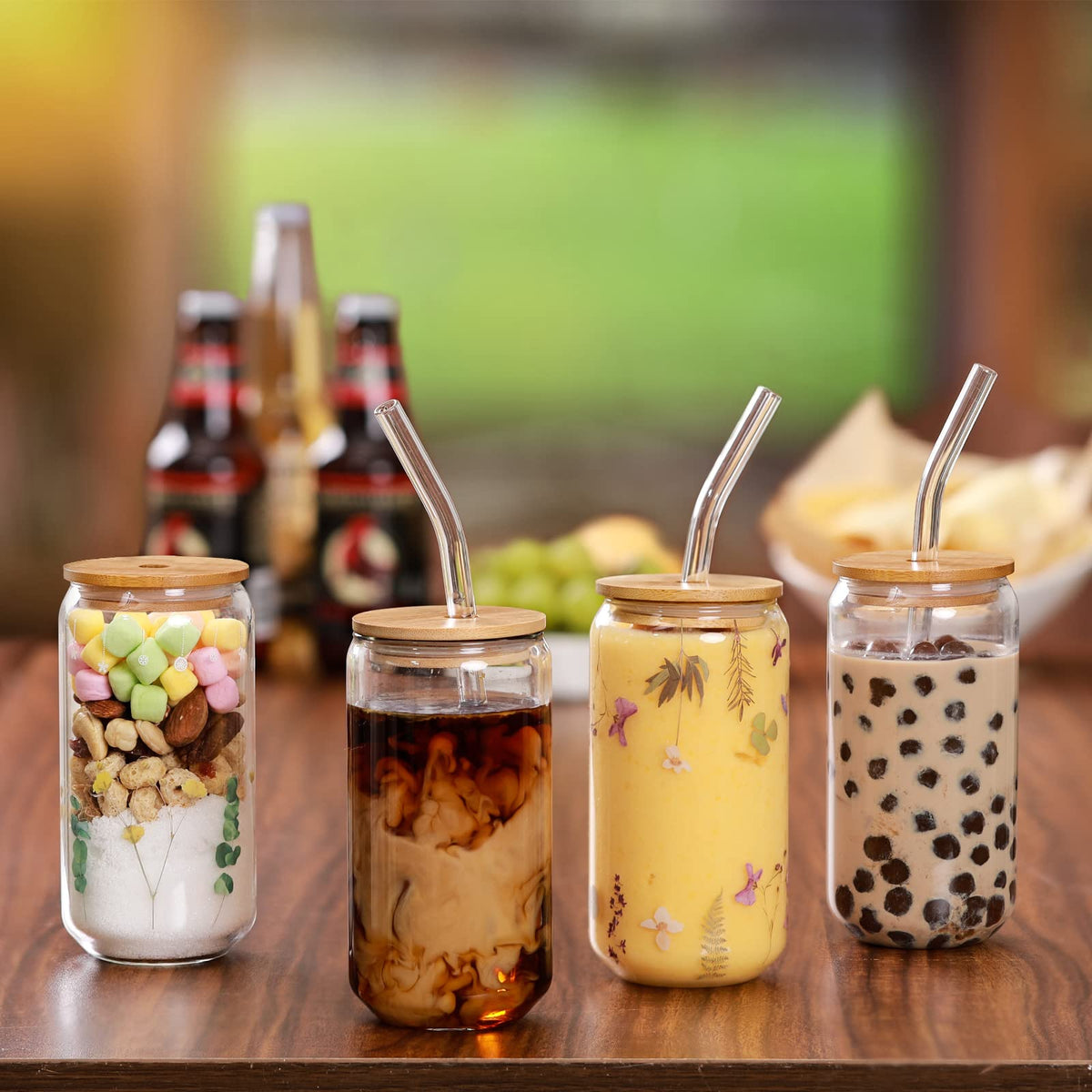 2 Pack Glass Cups with Bamboo Lids and Straws 16 oz, Gifts for Women, Drinking glasses set, Iced Coffee, Tea Cup, Cute Aesthetics Tumbler Cup, Mothers Day, Birthday Gifts for Her Mom