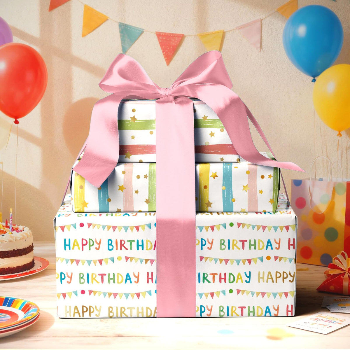 LaRibbons Reversible Happy Birthday Wrapping Paper, Colorful Birthday Lettering with Party Bunting, Stripe & Gold Foil Star Design on Back, Festive Gift Wrap for Party Celebration, Kids, Girls, Women, 17" x 33'