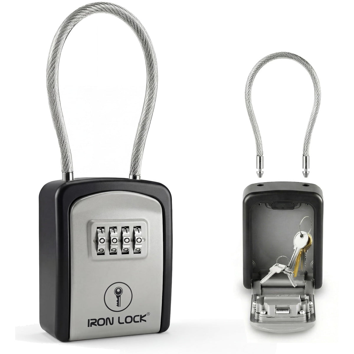Iron Lock® Key Lock Box Portable with Cable Shackle – Small Waterproof Heavy-Duty Metal Safe with 4-Digit Combination for Spare Keys Outside on Door Knob, Fence, Pipe or Gate (Grey, Small)