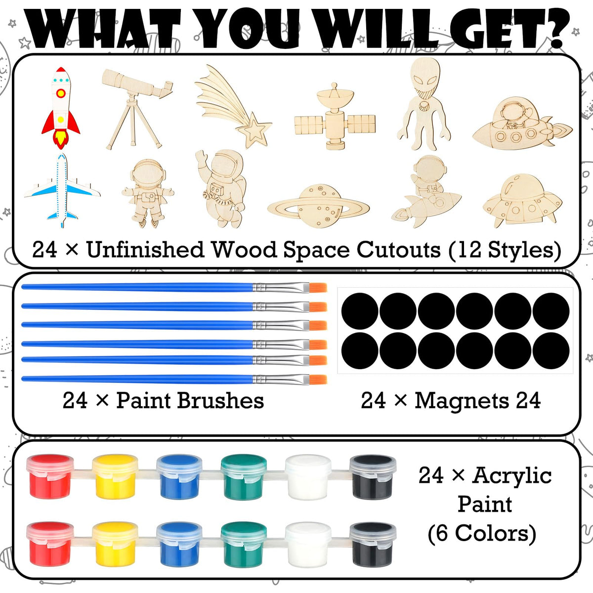 JellyArch 24 Pcs Unfinished Wood Cutouts Space Paint Kit Set and DIY Crafts for Classroom School Birthday Gifts Paint Your Own Painting Bulk Kits and Crafts