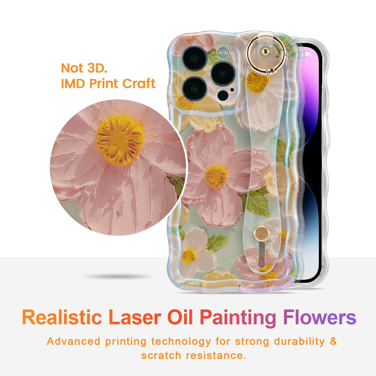 EYZUTAK Case with Hand Strap for iPhone 15 Pro, Colorful Oil Painting Flower Case with Wristband Kickstand Laser Curly Wave Edge Stylish Durable TPU Protective Cover for Women - Green