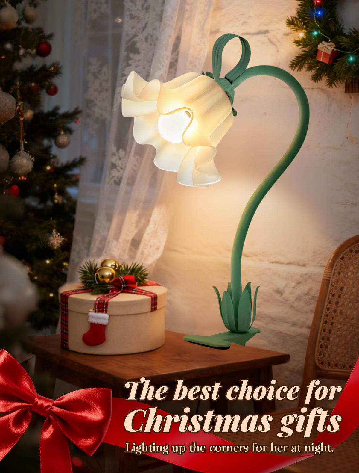 Clip On Light and Bed Headboard Lamp,Valentines Day Gifts for Women,Flower Desk Lamp with 3 Color Modes,USB Power Gooseneck Reading Light,Night Light for Nursery,College Dorm Room Essentials (Green)