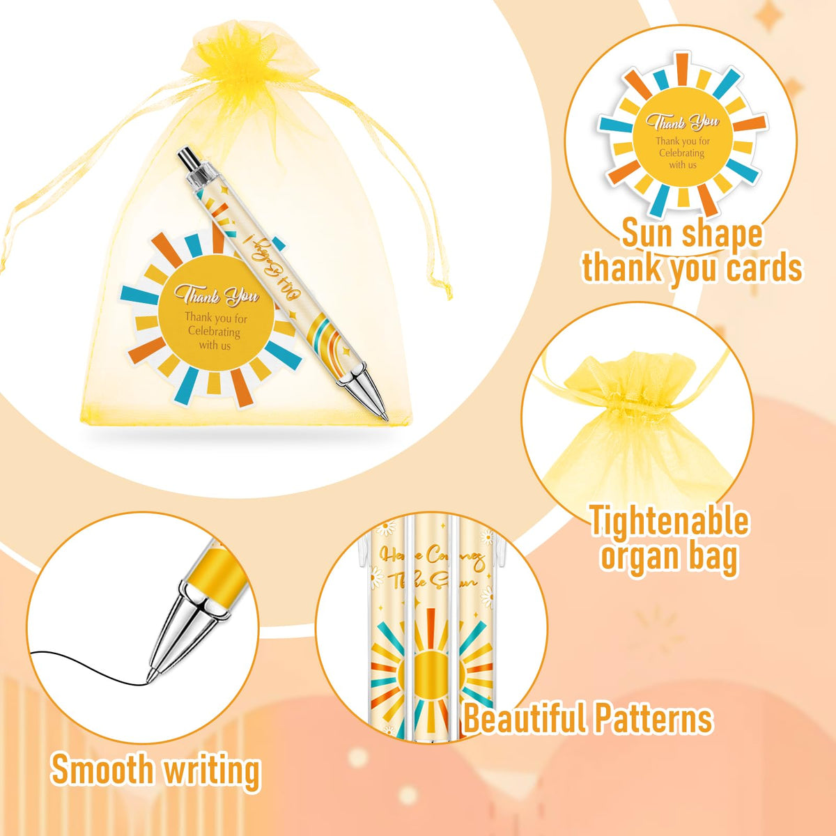 JarThenaAMCS 72Pcs Sun Baby Shower Favor Gifts for Guests Boho Sun Retractable Ballpoint Pens Organza Bags Greeting Cards for Birthday Gender Reveal Souvenirs Prizes