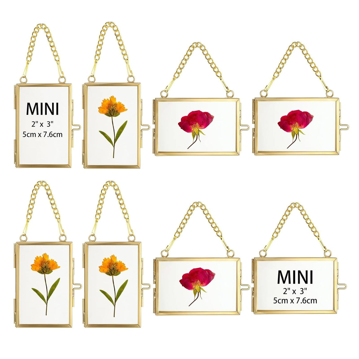 JUXYES 8 Pack Mini Brass Floating Frames Ornaments With Hanging Chain - Double Glass Tiny Picture Display Frame - Gold Wallet Size Floater Style Gallery Wall Frame for Pressed Flowers, 2x3 Inches