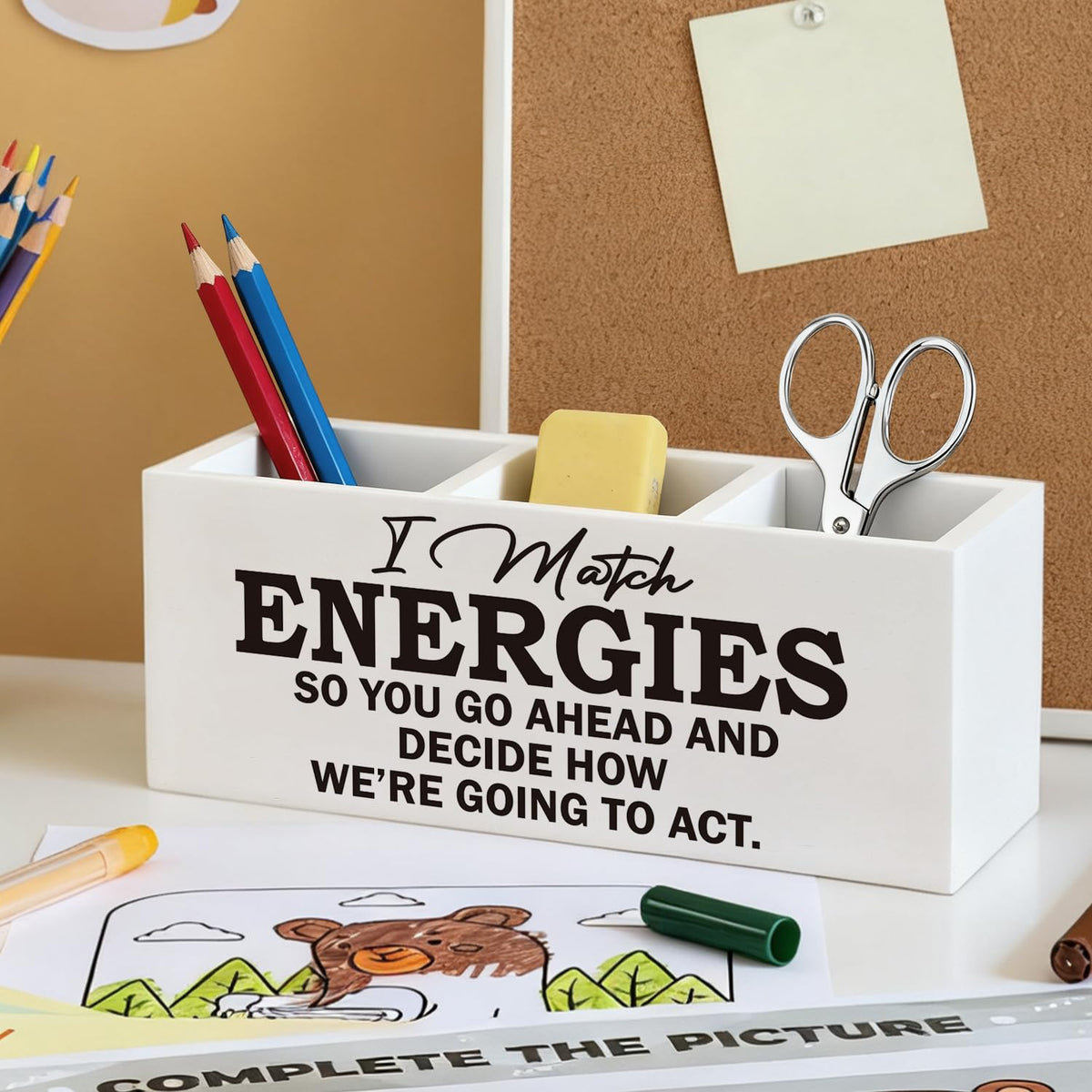 ELMCH Inspirational Office Pen Pencil Holder, Inspirational Gifts for Women Men Wood Desk Organizer and Accessories, I Match Energies Motivational Pen Holder Desk Organizer for Office Tabletop