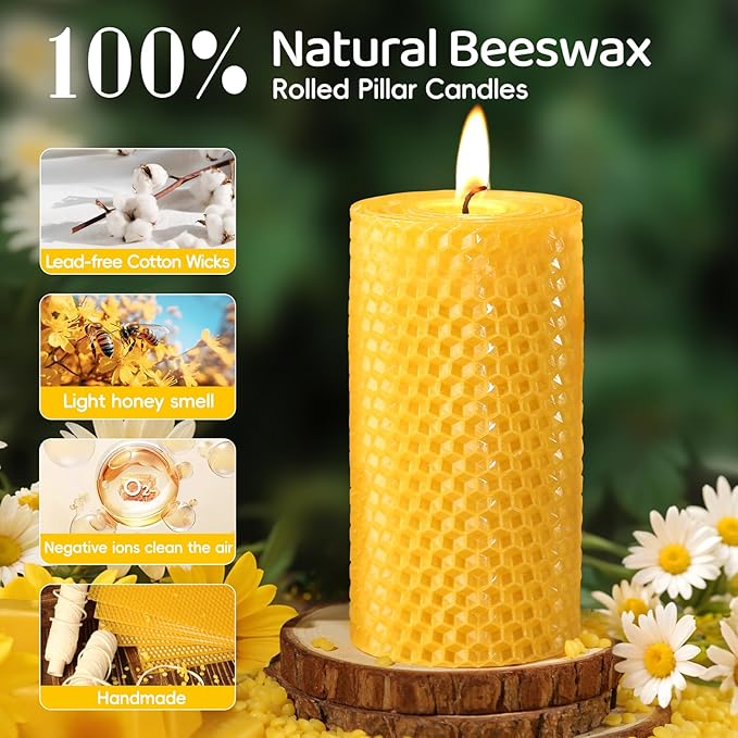 3 Pack Natural Beeswax Pillar Candles,2.8x6in Handmade Beeswax Rolled Candles,129 Hours Long Burning Honeycomb Bees Wax Candle for Gift & Home Decor,Dripless Smokeless Unscented